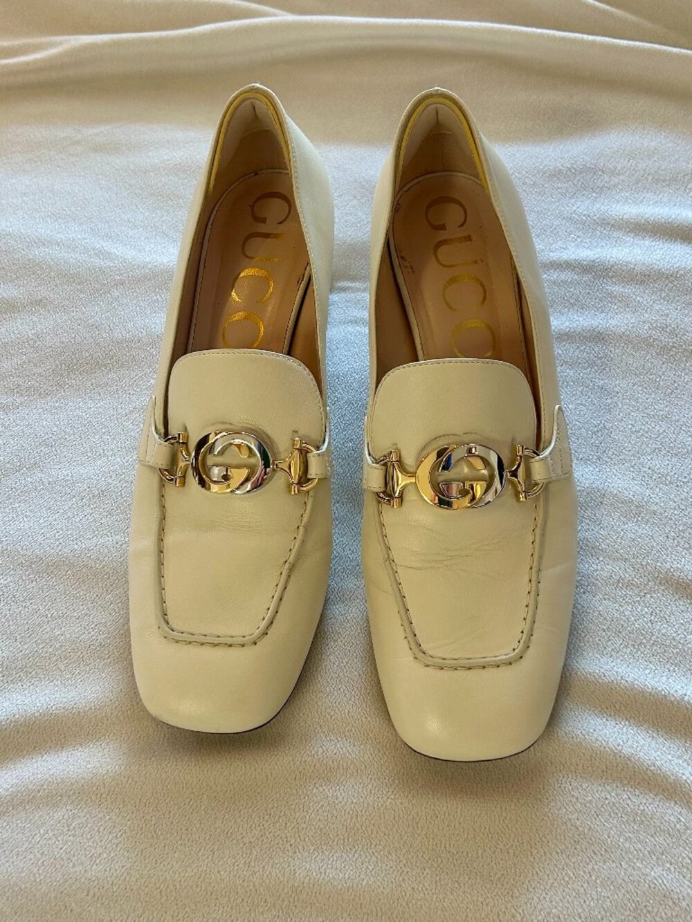 Gucci Lady 55mm Leather Block-Heel Pumps Sand Cream Size 42